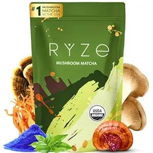 RYZE Mushroom Matcha, USDA Organic with 6 Adaptogenic Mushrooms and Ceremonial-Grade Japanese Matcha, Energy, Focus, Digestion, Immunity with Cordyceps, Lion’s Mane, Reishi, Turkey Tail, 30 servings